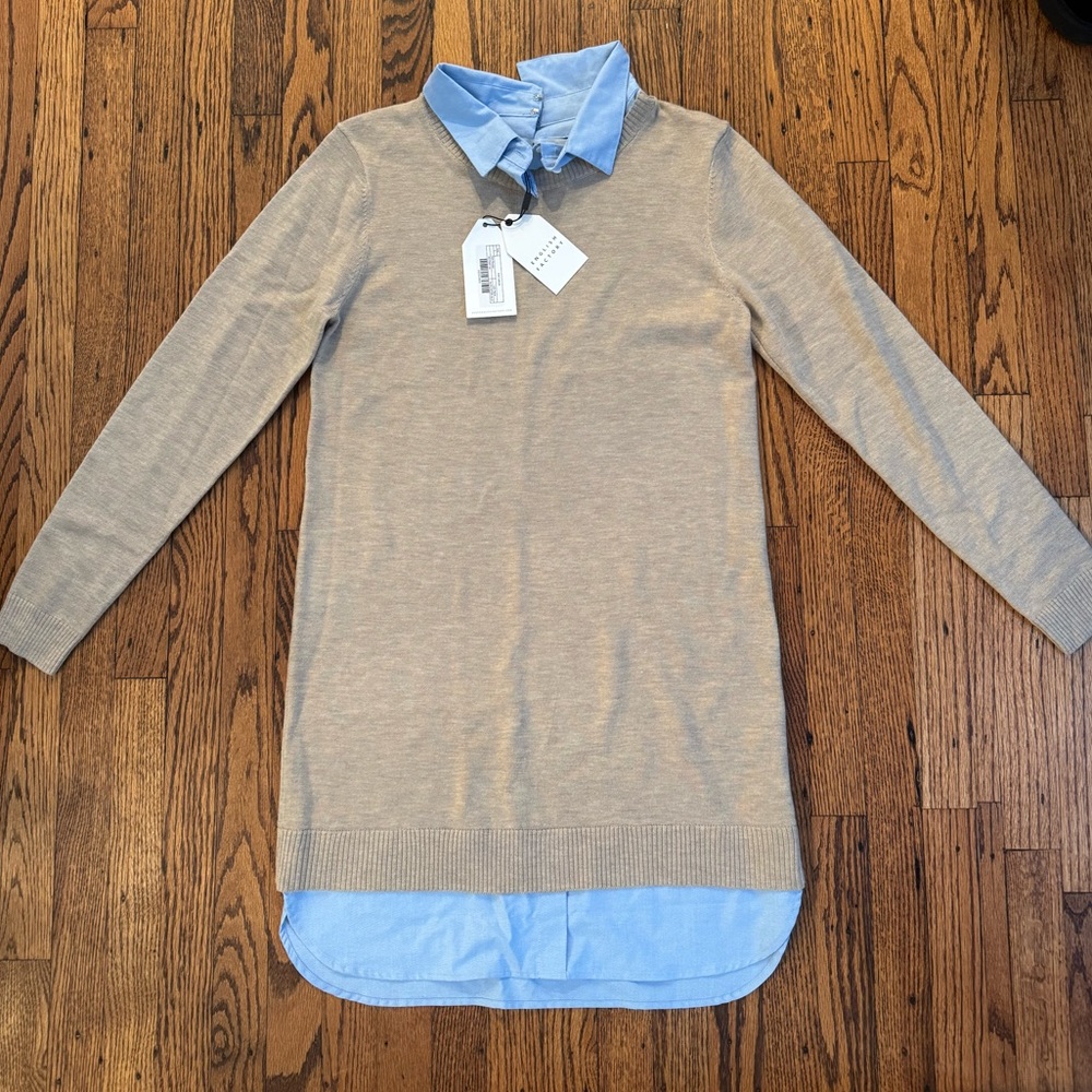 English Factory Beige Sweater Dress with Blue Collar Size S NWT